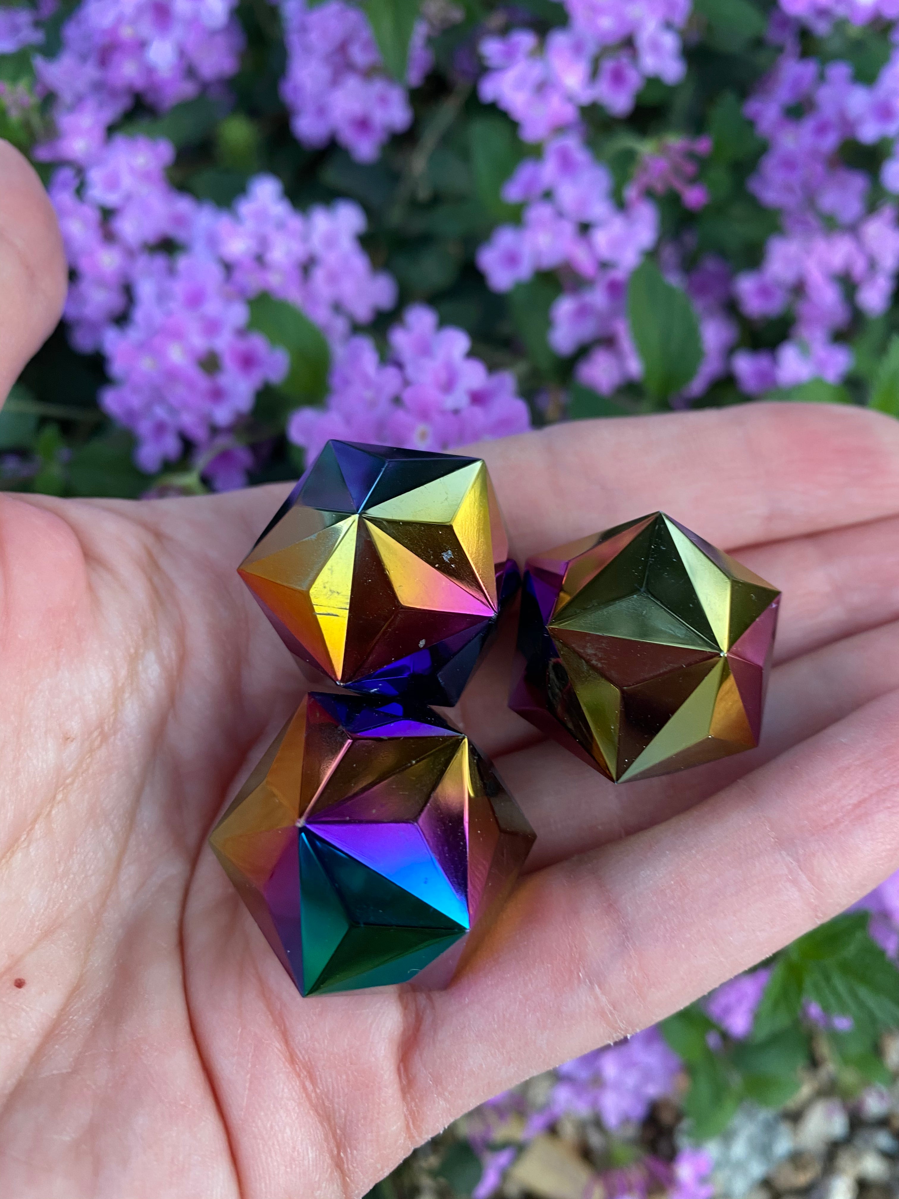 Sacred geometric 64 Sided Rainbow Aura Quartz Sphere