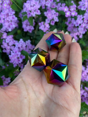 Sacred geometric 64 Sided Rainbow Aura Quartz Sphere